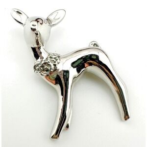 Vintage 1960's Silver Tone Baby Reindeer Brooch Pin with a Floral Collar